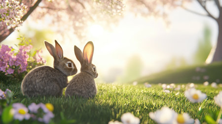 Two adorable rabbits sit together in a vibrant spring landscape, surrounded by blooming flowers and soft grass, capturing the essence of tranquility and warmth.の素材