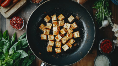 Golden-brown tofu cubes fried to perfection, surrounded by vibrant vegetables and fresh herbs, showcasing a delightful cooking experience in the kitchen.の素材