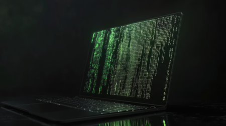 A sleek laptop displays glowing green code in a dark environment, symbolizing advanced technology and cybersecurity in a modern digital landscape.の素材