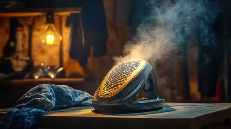 A steam generator sits on a wooden table in a cozy room, emitting smoke. Soft lighting creates a warm atmosphere, emphasizing the relaxing home environment.の素材