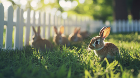 A charming rabbit explores sunlit grass near a white fence in a garden. The serene atmosphere highlights the beauty of nature and the playfulness of wildlife.の素材