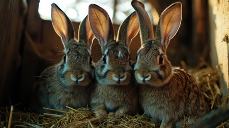 Three adorable rabbits are sitting together in a cozy barn, surrounded by soft hay. Their cute expressions and fluffy fur create a charming scene of innocence and tranquility.の素材