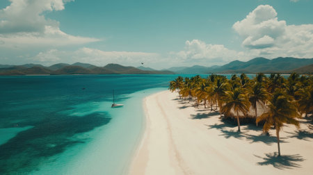 Discover a stunning tropical beach featuring turquoise waters, soft sands, and swaying palm trees under a bright sky, perfect for relaxation and escape.の素材