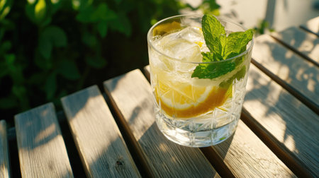 A refreshing citrus beverage featuring mint leaves and ice served in a glass on a wooden table. Perfect for summer gatherings or outdoor relaxation.の素材