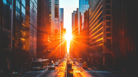 A captivating sunrise illuminates a busy urban street, casting warm hues against tall buildings. The scene captures the beauty and energy of city life during early morning hours.の素材