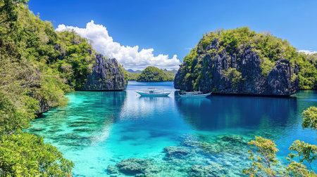 Discover a breathtaking tropical paradise featuring crystal clear waters and lush green islands. This idyllic scene invites exploration and relaxation.の素材