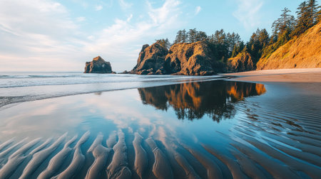 Stunning coastal landscape showcasing a beautiful sunset over a tranquil beach. The reflection on wet sand enhances the serene atmosphere. Perfect for nature lovers.の素材