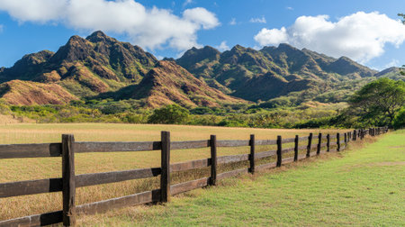A vibrant landscape showcasing majestic mountains under a bright blue sky. A rustic wooden fence lines a grassy field, creating a serene atmosphere perfect for nature lovers.の素材