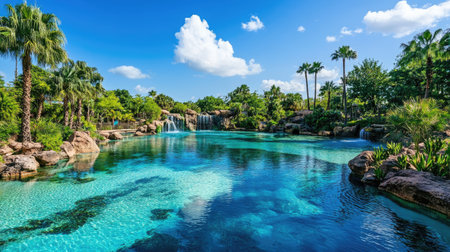 Experience the beauty of a tropical paradise featuring a stunning lagoon surrounded by lush greenery and palm trees under a bright blue sky.の素材