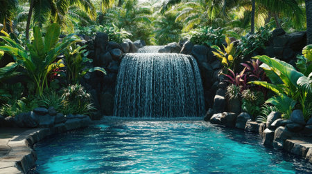 Experience the beauty of a serene tropical waterfall cascading into a tranquil pool, surrounded by lush greenery and bright plants in a peaceful oasis.の素材
