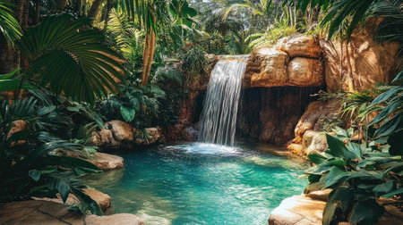 A breathtaking tropical waterfall cascades into a crystal-clear pond, surrounded by vibrant greenery and exotic plants. An ideal escape into nature's beauty.の素材