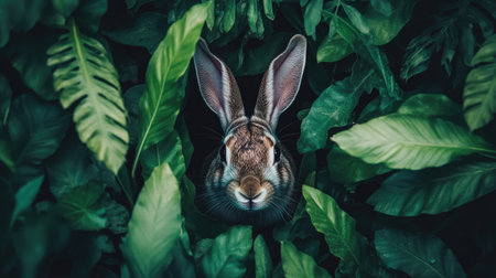 A captivating portrait of a rabbit peeking through lush green leaves, showcasing the beauty of wildlife in a serene natural habitat.の素材