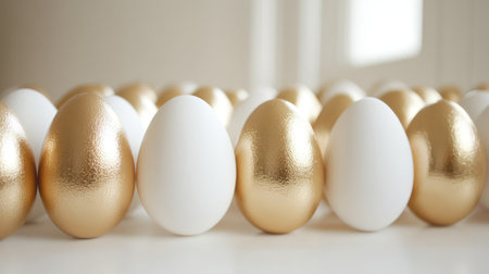 A captivating arrangement of gold and white eggs on a soft surface, symbolizing luxury and celebration. Ideal for holiday themes and artistic designs.の素材