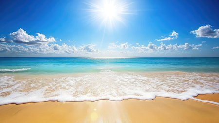 A breathtaking view of a serene beach with gentle waves lapping at the shores under a vibrant blue sky filled with fluffy clouds.の素材