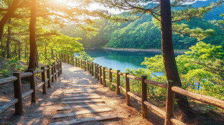 A serene forest pathway leading to a tranquil lake, surrounded by lush trees and bathed in soft morning sunlight, perfect for nature lovers and adventurers.の素材