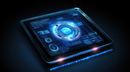 A futuristic digital tablet showcases an advanced holographic interface with glowing elements, representing cutting-edge technology and innovation in a sleek design.の素材