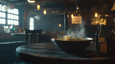 A steaming bowl of noodles sits invitingly on a rustic wooden table, creating a warm and cozy atmosphere in a dimly lit restaurant. Enjoy the culinary charm!の素材
