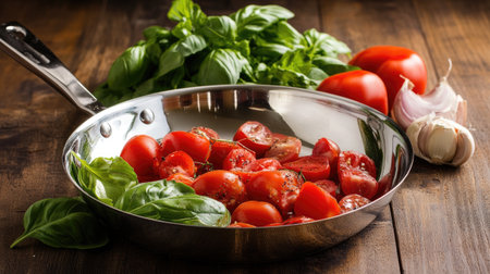 A vibrant assortment of fresh tomatoes and basil leaves in a steel cooking pan, highlighting the beauty of organic ingredients and culinary preparation.の素材