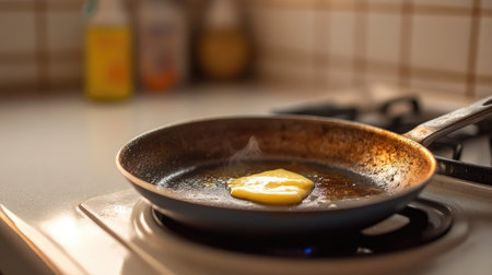 A close-up scene of a fried egg cooking in a skillet with steam rising. The kitchen setting showcases culinary preparation with a focus on breakfast. Enjoy the simplicity of home cooking.の素材