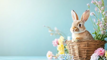 A delightful scene featuring a cute bunny sitting in a woven basket, surrounded by vibrant flowers. Perfect for spring and Easter themes.の素材