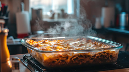 A steaming dish of freshly baked lasagna sits in a cozy kitchen. The warm, inviting aroma highlights the layers of pasta and melted cheese, creating a perfect meal.の素材