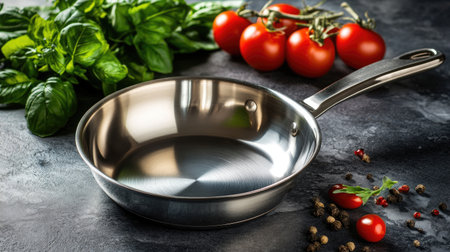 A sleek stainless steel frying pan rests on a dark countertop surrounded by fresh basil and vibrant red tomatoes, perfect for culinary creations and cooking inspiration.の素材