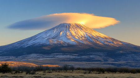 A stunning view of a snow-capped volcano under a vibrant sky, featuring a unique cloud formation at sunrise. Perfect for nature and adventure enthusiasts.の素材