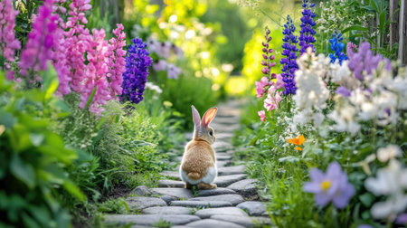 A charming rabbit sits on a stone pathway, surrounded by vibrant flowers in a picturesque garden. This serene scene captures the essence of spring and nature's beauty.の素材