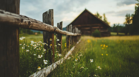 A beautiful rustic wooden fence adorned with wildflowers leads to a serene cabin among lush greenery, creating a peaceful countryside scene at sunset.の素材