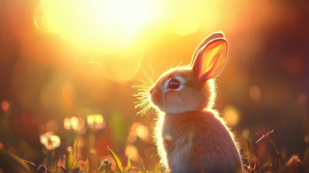 A charming rabbit basking in warm sunlight, set against a beautifully blurred background, capturing a tranquil moment in nature's radiance.の素材