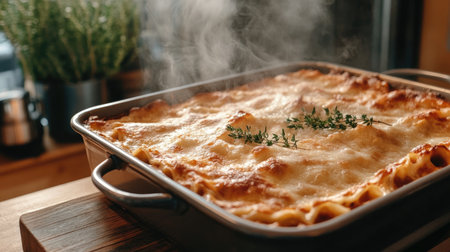 A mouthwatering dish of baked lasagna with layers of cheese and fresh herbs, steaming and ready to serve. Perfect for a cozy family dinner experience.の素材