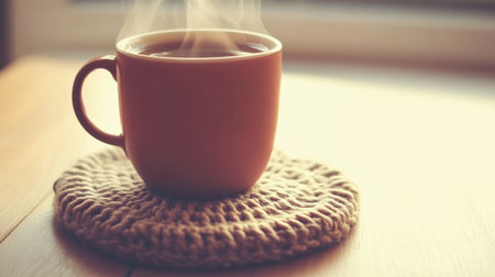 A warm cup of coffee sits peacefully on a rustic table, surrounded by soft natural light. The steam rises gently, evoking a sense of comfort and relaxation.の素材