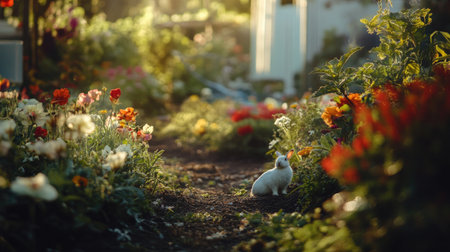A tranquil garden pathway adorned with vibrant flowers and a curious white rabbit. The warm sunlight creates a serene atmosphere perfect for nature lovers.の素材