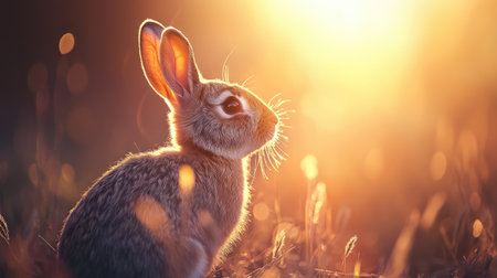A serene rabbit sits gracefully in a warm golden sunset. The soft light creates a beautiful bokeh background, capturing the peaceful essence of nature.の素材
