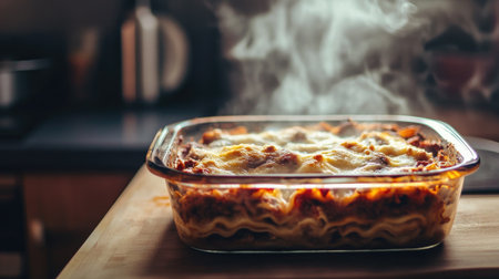 A mouth-watering lasagna in a glass dish rises with steam, showcasing layers of pasta and rich cheese. Perfect for a cozy family dinner.の素材