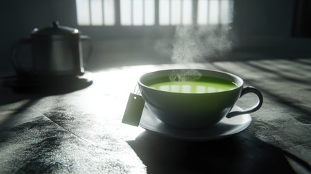 A steaming cup of green tea sits on a wooden table, radiating warmth with natural light casting dramatic shadows. Perfect for relaxation and wellness moments.の素材