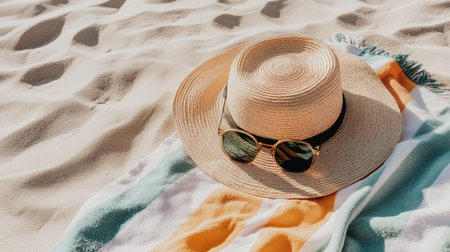 A fashionable straw hat rests atop stylish sunglasses on a colorful beach towel, creating an inviting atmosphere for relaxation and enjoyment under the sun.の素材