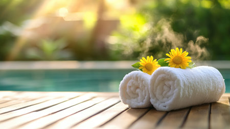 Two neatly rolled towels adorned with bright flowers rest on a wooden deck by a serene pool, creating a soothing atmosphere perfect for relaxation and wellness.の素材
