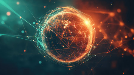 This abstract depiction features a glowing digital globe surrounded by vibrant energy lines, symbolizing connections and technology in a modern design.の素材