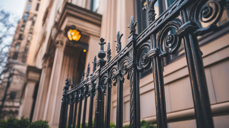 Close-up view of an ornate black iron fence highlighting decorative details, set against an elegant building backdrop. Showcases architectural beauty and meticulous craftsmanship.の素材