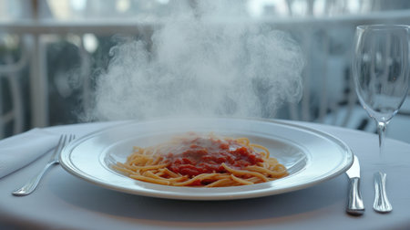 A steaming plate of pasta topped with rich tomato sauce sits elegantly on a dining table, showcasing a delicious Italian meal ready to savor.の素材