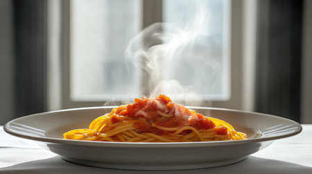 This captivating image showcases a steaming plate of pasta topped with fresh tomato sauce, emphasizing warmth and deliciousness in dining. Perfect for culinary themes.の素材