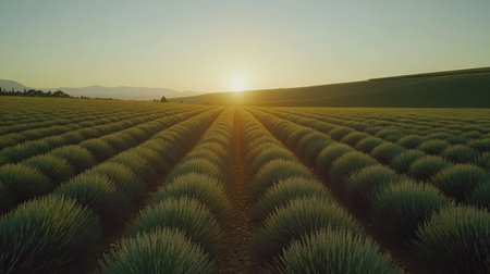 A breathtaking view of lavender fields at sunrise, showcasing vibrant greenery and tranquility. Perfect for nature lovers, this serene landscape inspires peace and beauty.の素材