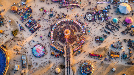 Stunning aerial view capturing the vibrant atmosphere of a lively festival filled with colorful tents and joyful crowds, showcasing moments of unity and celebration.の素材