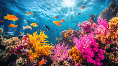 Explore a stunning underwater scene showcasing a vibrant coral reef filled with colorful fish and illuminated by sunlight filtering through the water.の素材