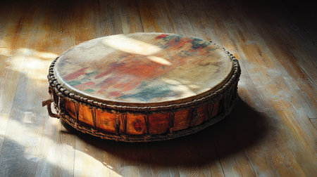 A traditional handcrafted drum rests on a wooden floor, illuminated by soft shadows. The unique textures and colors showcase artisan craftsmanship, ideal for music and cultural themes.の素材