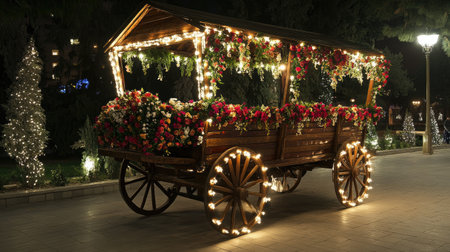 A charming wooden wagon adorned with vibrant flowers and glowing fairy lights creates a mesmerizing nighttime scene, perfect for festive celebrations.の素材