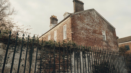 A captivating view of a historic brick house behind an iron fence, set in a serene environment with an overcast sky, showcasing timeless architecture and rustic charm.の素材