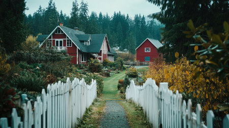 Explore a picturesque scene featuring charming red rustic houses nestled in lush greenery, surrounded by a tranquil garden pathway, evoking a serene rural atmosphere.の素材