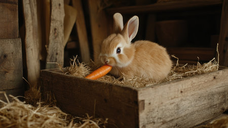 This adorable fluffy bunny is enjoying a bright carrot while nestled in soft hay inside a rustic barn, creating a warm and peaceful farmyard atmosphere.の素材